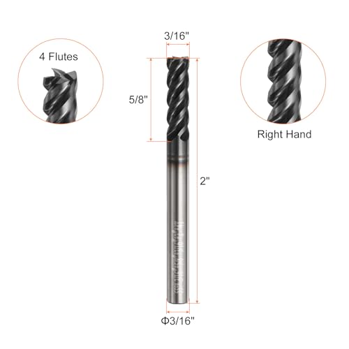 Image of HARFINGTON Carbide Square Nose End Mill Bit 3 /16 inch Cut Dia 4 Flutes TiAlN Coated Milling Cutter for Hardened Steel Metal (3 /16 inch Shank 5 /8 inch Cut Length 2 inch Long 45 Degree HRC49-51)