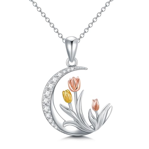 Tulip & Rose Necklace Sterling Silver Jewelry for Women - Sunflower Pendant Necklace Birthday Gifts for Mom