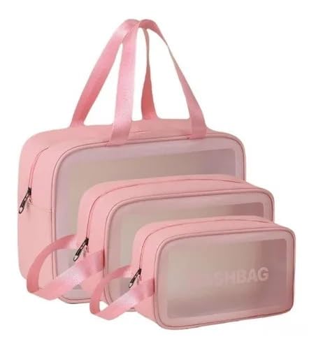 Kit 3 Necessaire Feminina Viagem Praia PVC Impermeável Zíper Grande Espaçosa Bolsa Organizadora Cosméticos Lavável Durável Prática Estilo Blogueira Luxo (Rosa)