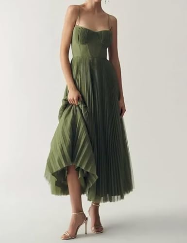 Women's Pleated Chiffon Flowy Corset Tea Length Formal Evening Party Wedding Guest Dresses4