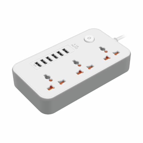 Image of Extension Board, Power Strip with 6 USB Ports and 3 Universal Socket, 2500W 10A Extension Cord, 3-Pin Surge Protector Power Strip for Home, Office, Computer, Mobile Charging (White-Z64)