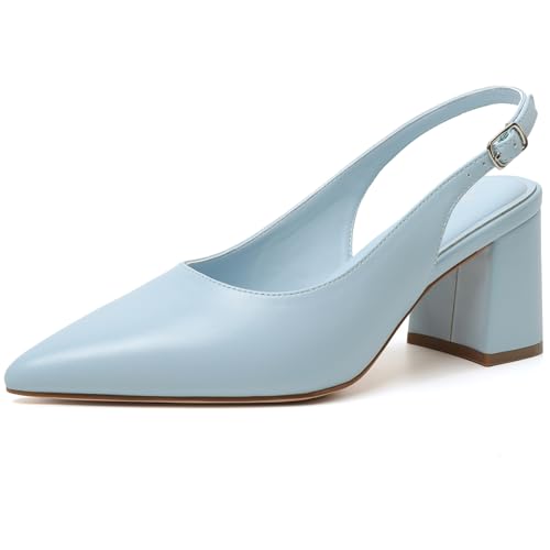 Mostrin Light Blue Block Slingback Heels for Women Pointed Closed Toe Chunky Heels Office Work Shoes Womens Pumps for Business Casual Size 8