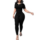 Nimsruc Two Piece Outfits For Women Summer Casual Short Sleeve Jogging Suits Bodycon Tracksuit Comfy Sweatsuits Pants Sets Matching Clothing Black L