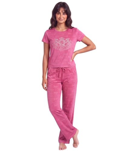 Image of Juicy Couture Women's 2 Piece Velvet Fleece Short Sleeve Shirt and Pants Lounge Sleepwear Set