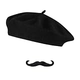 choyaxo 2pcs French Beret Hat Set Including Beret Mustache for Men Halloween French Themed Party Black