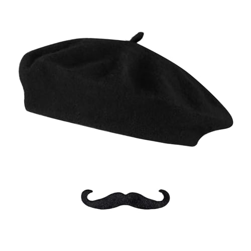 choyaxo 2pcs French Beret Hat Set Including Beret Mustache for Men Halloween French Themed Party Black