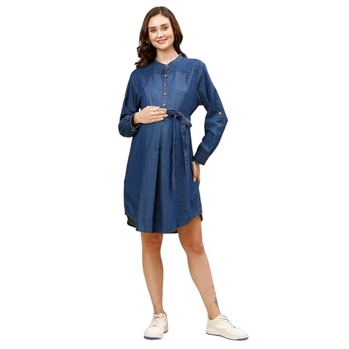 Image of MomToBe Women's Fit and Flare Above the Knee Denim Maternity Dress /Pregnancy Dress /Easy Breastfeeding Dress /Feeding Dress /Western Dress with Zippers for Nursing Pre and Post Pregnancy