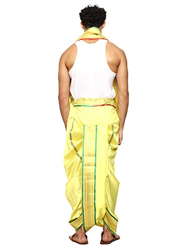 Image of Rameshwaram Fabrics Readymade Dhoti for Men, Velcro Style Stitched Mens Silk Dhoti Pant with Stole Set