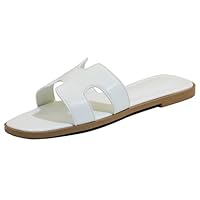 Women's Flat Sandals, Ladies Slip on Leather Slippers, Comfy Dressy Flat Shoes Elegant Slides Summer Fall Cute Open Toe Casual (White, Adult, Women, 7, Numeric, UK Footwear Size System, Medium)
