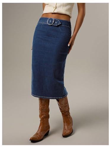 Milumia Women's Grommet Eyelet Low Waisted Bodycon Jean Skirt Slit Hem Stretchy Midi Denim Skirts2