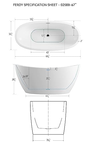 Ferdy Naha 67" Acrylic Freestanding Bathtub, Curve Edge Freestanding Soaking Bathtub, Glossy White, Cupc Certified, Toe-Tap Chrome Drain & Overflow Assembly Included, 02588 #TOP4