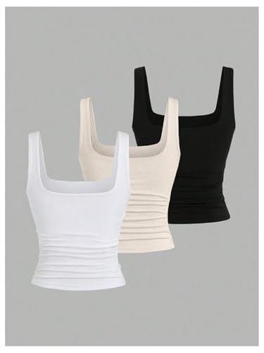 Women's Y2k Double Lined 3 Piece Crop Tank Top Sets Square Neck Sleeveless Ruched Tee Shirt Basic Tops Pack2
