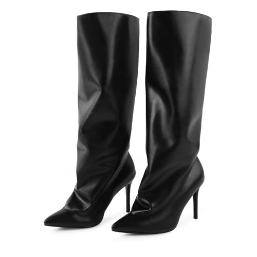FancyQueen Black Knee High Boots for Women Shark Boots with Stiletto Heel Pointed Toe Slouchy Womens Slip on4