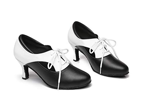 Minishion Women's Latin Salsa Closed Toe Low Heel Black/White Leather Ballroom Practice Dance Shoes Evening Pumps Us 8 #TOP5