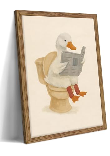 Image of Framed Duck Bathroom Wall Art, Whimsical Duck Reading on Toilet, Funny Kids Bathroom Wall Decor, Vintage Farmhouse Toilet Decor, Cute Animal Canvas Print for kids Room 16x24 inch