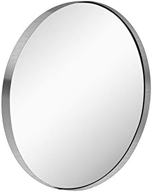 KAASUNES 32-Inch Contemporary Brushed Silver Wall Mounted Round Mirror, Glass Panel Circle Deep Set Design Stainless Steel Framed Mirror for Bathroom, Entryways, Living Rooms