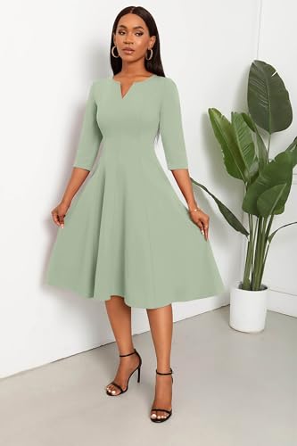 Image of Nmoder Midi Dresses for Women A-Line Fit and Flare Dress 3 /4 Sleeve V Neck Cocktail Wedding Guest Work Dress with Pockets