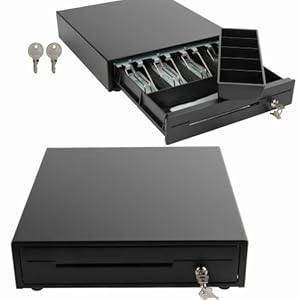 Sgorlds 14″ Cash Register Drawer for POS Machine with 4 Bill 5 Coin Fully Removable Cash Drawer Tray Coin Compartment,12-24V,RJ11/RJ12 Compatible,Key Lock