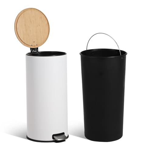 Caneca de basura redonda blanca con tapa de bambú 30 litros