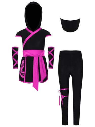 Miutii 4 piezas ropa ninja niños vestido parte superior + pantalones + guantes + máscara disfraz japonés ninja Halloween carnaval fiesta trajes rosa oscuro 122-128
