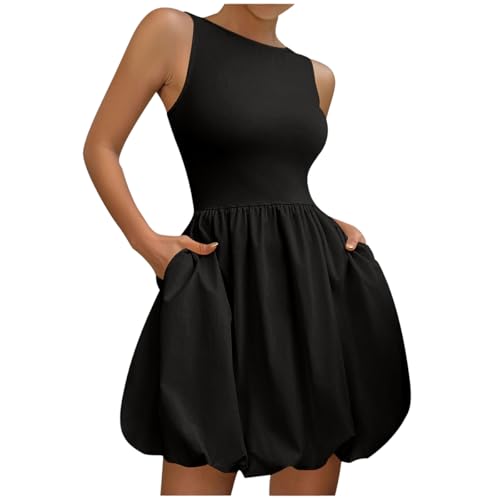nicticsi Damen Ärmelloses Sommerkleider Klassische Einfarbig Bubble Mini Kleid Leicht und Luftig Puffy Kurz Strandkleider Rundhalsausschnitt...