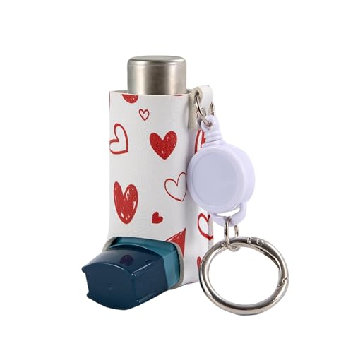 SHFGYG Asthma Inhaler Holder PU Leather Protective Mini Holster Inhaler Keychain Retractable Clip Portable Lightweight Inhaler Case Travel Handy Holder Only(White Heart)