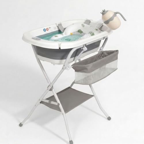 BATHBY| Bañera Plegable de Bebé con Soporte Patas Antideslizantes | Portátil | Tubo Desagüe | Cesta para Juguetes y Organizador para Champú | Ligera, Compacta y Segura para Baño (Gris Cojín Regadera)