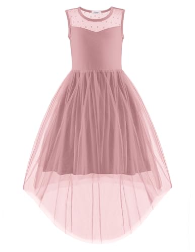 Image of Arshiner Girls Dresses Formal Party Wedding Tulle Sleeveless Contrast Mesh High Low Dress with Belt