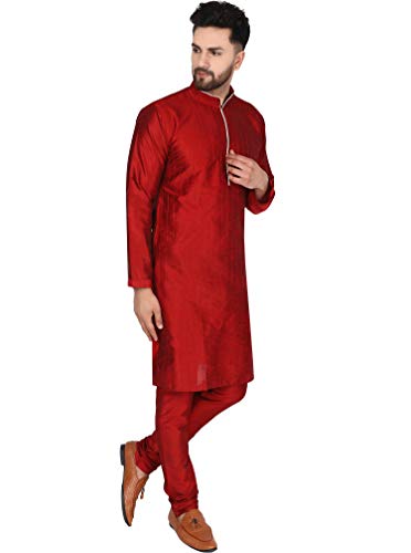 SKAVIJ Men's Art Silk Kurta Pajama Indian Traditional Ethnic Wear Dress Suits Set4
