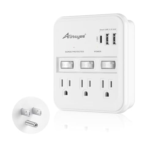 Alitayee Wall Outlet Extender Surge Protector, USB Power Strips with Individual Switches and 15.5W Type-C Fast Charging Ports for Cell Phone,Home,Office,Dorm ETL Listed White Cover