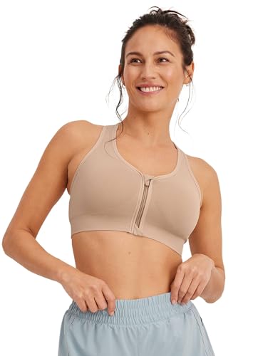 Jockey Women's Bra Seamfree Mid Impact Zip Front Sports Bra, Light Beige, L