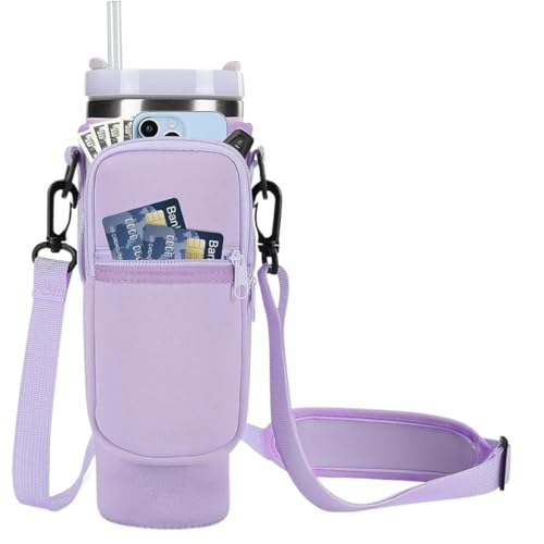 Bolsa Porta Garrafa, Squeeze, Copo Térmico Com Alça Ajustável Shoulder Bag com bolso para celular, de neoprene, com alça ajustável, tampa para canudo e mosquetão (Lilas)