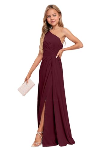Junior Bridesmaid Dresses One Shoulder Chiffon Flower Girl Dress for Teen Girls Long Party Pageant Gowns Wine Red Size 8