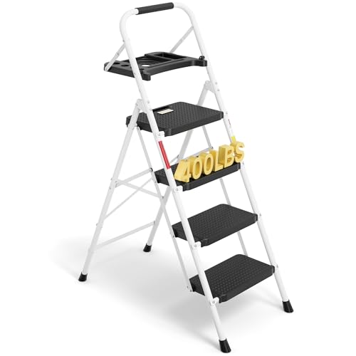 BONTEC 4-Step Ladder, 400lbs Max Load, Folding Step Stool with Tool Tray, Anti-Slip Pedals, Sturdy Steel, Lightweight Portable Ladder with Handrail for Home & Work Use, White