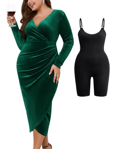 Image of ZOMVA Plus Size Velvet Wrap Dress Ruched Bodycon Dress Long Sleeves Ruffle Long Elegant Party Wedding Guest Cocktail Holiday