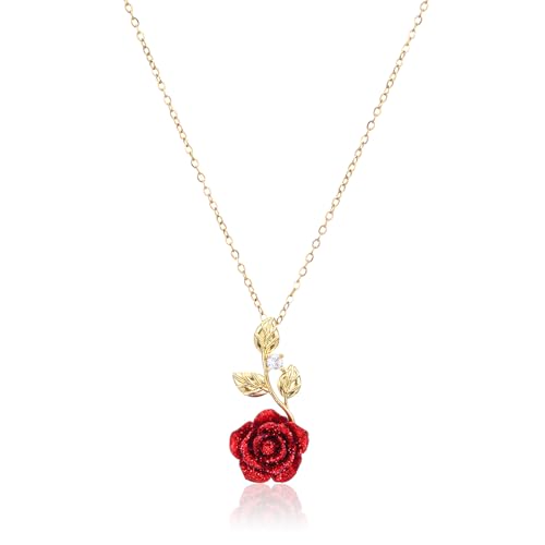 XLIUAX Rose Necklace Red Rose Necklace Gold Jewelry for Women Aesthetic Flower Pendant for Wife Girlfriend Dainty Necklaces for Birthday Valentine Gift Cute Red Floral Necklaces