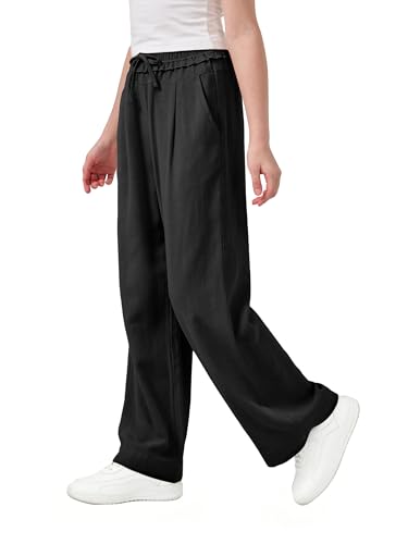 Image of Rolanko Girls Wide Leg Linen Pants Breathable Flowy Palazzo Trousers for School Beach Daily Wear 9-15 Years