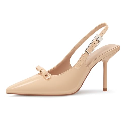 Women's Closed Pointed Toe Slingback Pumps with Bow Large Metal Buckle 3.5 Inch Stiletto High Heels Dress Shoes