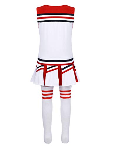 iiniim Girls Cheer leader Uniform Costume Soccer Baby Outfit Cheerleading Crop Top with Skirt Stockings Set Stripe Red 12-14 - Thumbnail 2