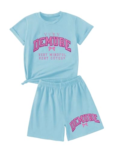 Image of Verdusa Girl's 2 Piece Outfits Letter Print Bow Graphic Tee with Shorts Clothing Set