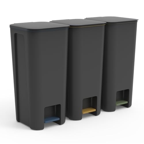 Go Practic Treteimer Set 3X 40L Tretmülleimer mit Pedal, Mülleimer, Mülltrennsystem für Papier, Kunststoff und Glas, Küchenmülleimer Recycling, mit Deckel, Küche