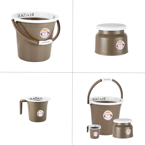 Image of RATAN PLASTICWARE Plastic Bathroom Set of 3 Pieces Combo Pack Gloria Plain 18 Liters Bucket + Nova Stool Patla 107 + Gloria Plain Bath Mug 1 Liter Color Light Brown