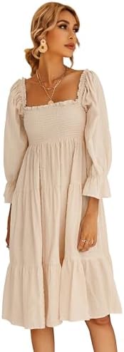 R.Vivimos Women's Summer Cotton Polka Dots Puff Sleeves Bow Casual Off-Shoulder Boho Midi Dress (Small,Beige)