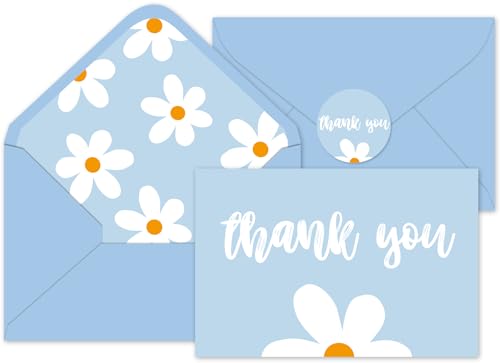 Cartes de remerciement marguerites Whaline x24 bleues et blanches avec enveloppes
