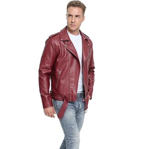 Image of Fahsyee Leather Jackets for Men, Faux Bomber Jacket Mens Motorcycle Lapel Asymmetric Zip-Up Belt Slim Fit Biker Coat