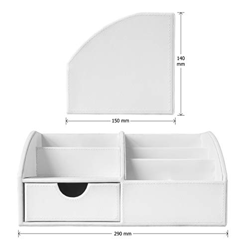 OSCO Faux Leather Desk Organiser with Drawer, 8-Compartment Stationery Caddy, Pen & Pencil Holder, Desktop Makeup or Office Storage Box, White