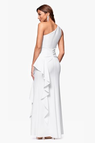 Image of Xscape Women's Floor Length One Shoulder Ruched Waist with Ruffle Bodice Evening Dress with Side Slit