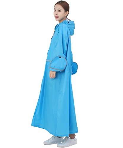 HOTIAN レインコート レディース 自転車 レインウェア ロング丈 レインポンチョ リュック対応 梅雨対策 雨具 合羽 収納袋付き バイク 通勤 通学 防風 防水(ブルー・L)