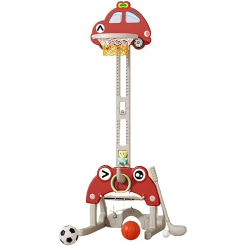 KDBT 室内用バスケットゴール 子供用 5in1スポーツセット(バスケットボール・サッカー・ゴルフ・輪投げ)高さ調整可能 屋内外兼用 早期教育玩具 誕生日プレゼントに最適 (44*48*142cm,レッド)