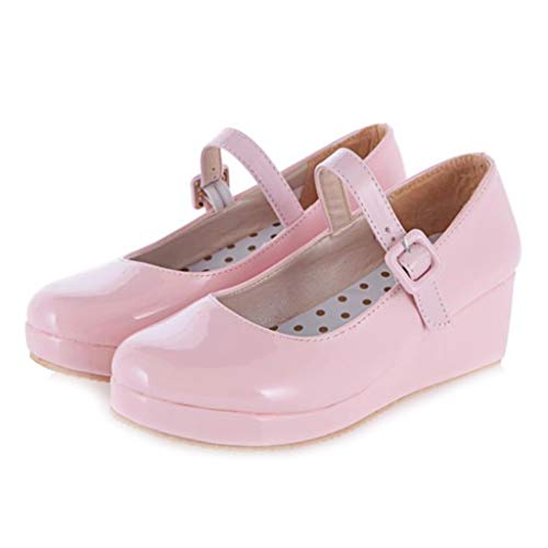 MIOKE Women's Round Toe Mary Jane Wedge Pumps Patent Leather Buckle Strap Chunky Mid Heel Retro Dress Shoes